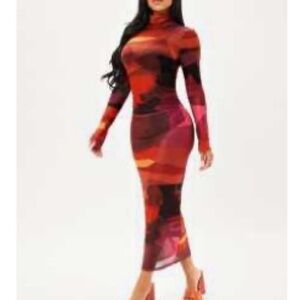 SHEIN Vibrant Red and Orange Long Sleeve Dress